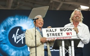Branson and Aldrin with Half Moon Street sign